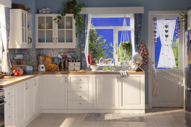 室内蓝色厨房和厨房用具图片下载