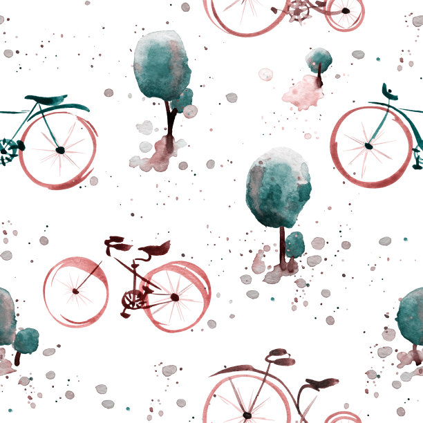 水彩图案与自行车和树在白色的背景图片下载