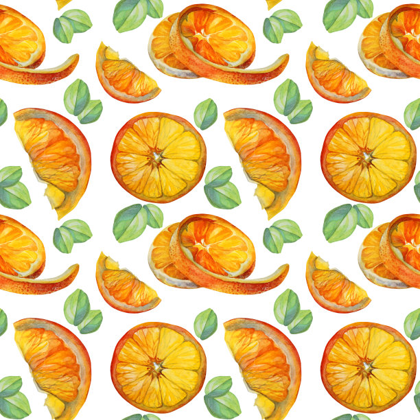 无缝模式水彩柑桔水果橙子片和绿叶孤立在白色的背景。手绘食物对象菜单，贴纸，包装，卡片，墙纸图片下载