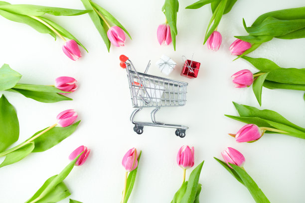 春光平放着礼品、郁金香和购物车图片下载
