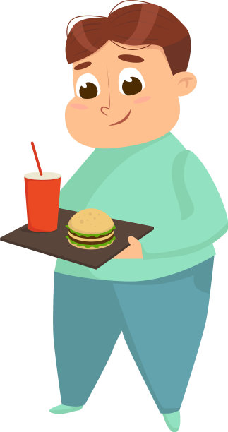超重的胖男孩愉快地吃着快餐图片下载