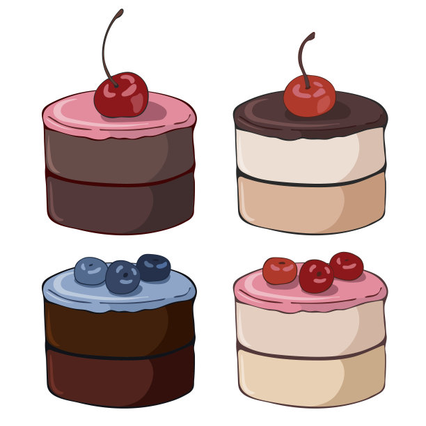 一套有浆果、巧克力和奶油的彩色慕斯蛋糕。手绘甜品。矢量图图片下载
