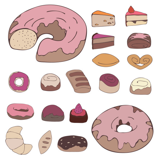 各种甜点，糖果和食物。彩色矢量插图。手绘图片下载