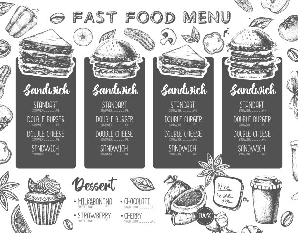 餐厅三明治菜单设计。三明治的装饰示意图。快餐菜单图片下载