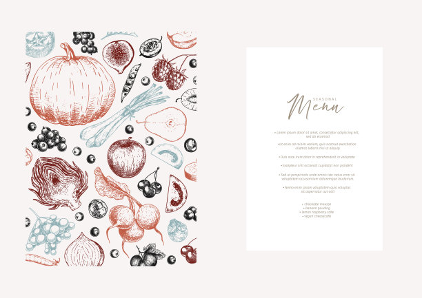 手绘蔬菜和水果。矢量南瓜，梨，苹果，朝鲜蓟，李子，葡萄，番茄，洋葱，樱桃，醋栗黑莓雕刻插图菜单模板传单餐厅设计。图片下载