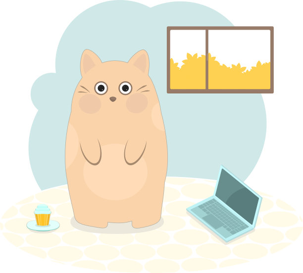 向量毛茸茸的动物。一只可爱的猫在一个房间里拿着笔记本和纸杯蛋糕图片下载