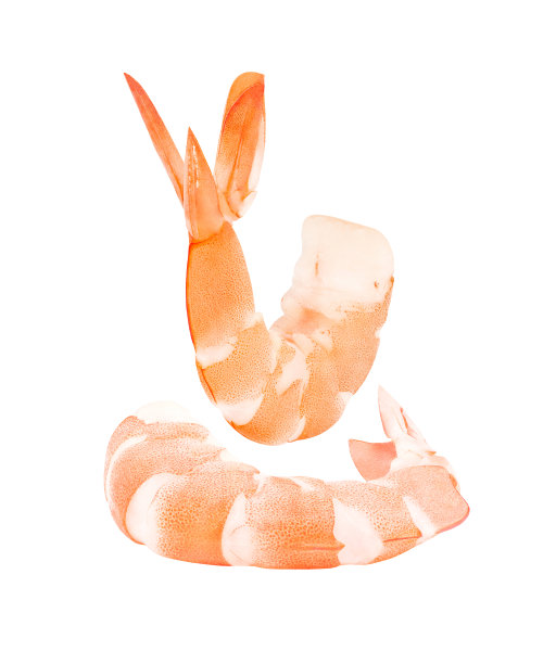 虾煮熟，对虾去皮，两块孤立在白色的背景上用裁剪的路径，包装设计的元素。图片下载