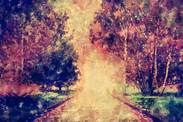 秋天水彩画，秋天公园图片下载