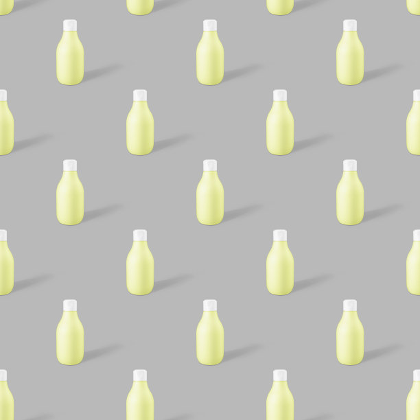 无缝模式的黄色可生物降解塑料化妆品瓶模型在一个时尚的灰色背景图片下载