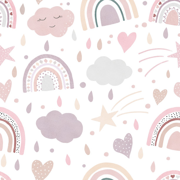 孩子水彩数码纸波西彩虹，云彩，心，星星，雨滴。托儿所壁纸装饰。图片下载