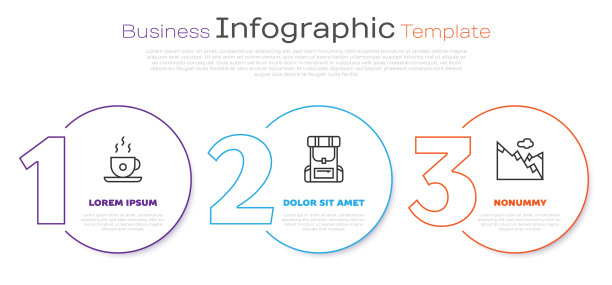 Set line咖啡杯徒步背包和山图片下载