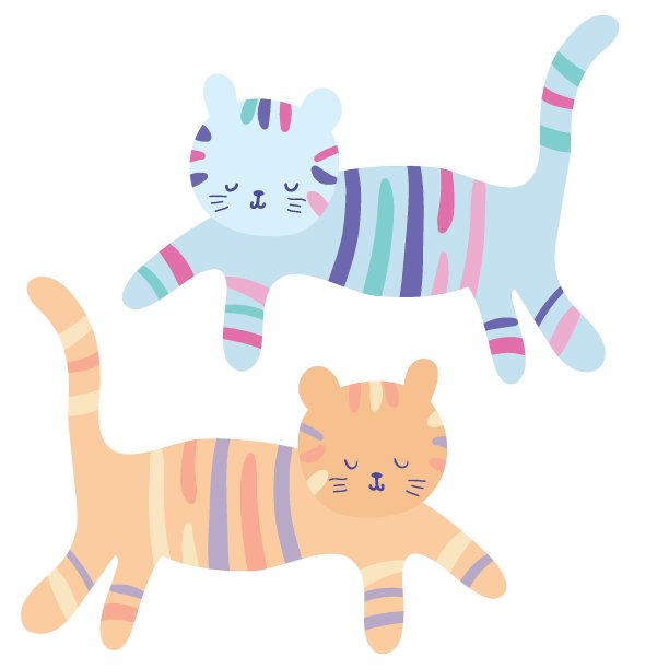 手绘可爱的猫与柔和的颜色。蓝色，黄色，橙色。滑稽幼稚的风格与涂鸦元素图片下载