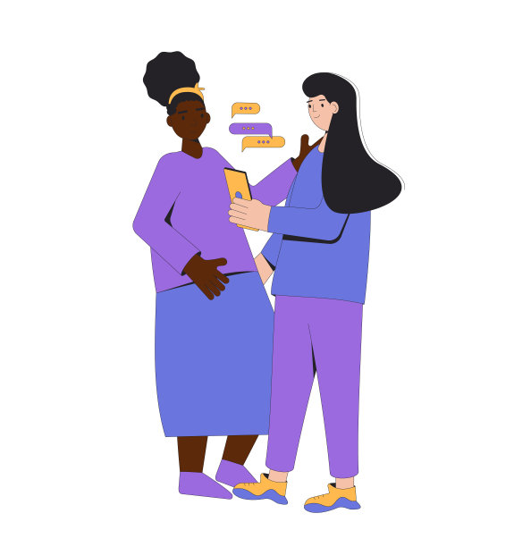 两个青少年站在一起，孤立地站在白色背景上。年轻的女性朋友们穿着休闲装用手机。女孩们站着互相拥抱。矢量插图。图片下载