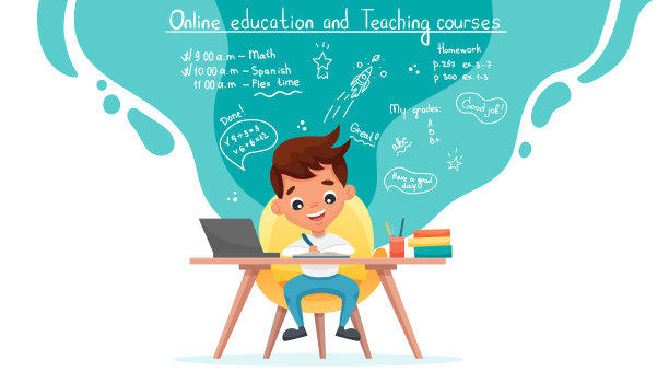 电子学习概念旗帜。在线教育可爱的学生使用笔记本电脑。用手绘元素在家学习。素材图片