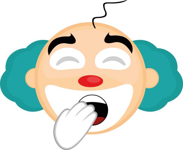 矢量emoticon插图卡通小丑的头与疲倦的表情，打哈欠，用他的手捂住嘴图片下载