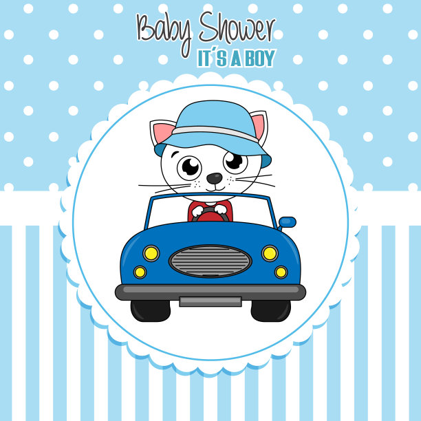 婴儿洗澡卡。这是一个男孩。可爱的猫在车里图片下载