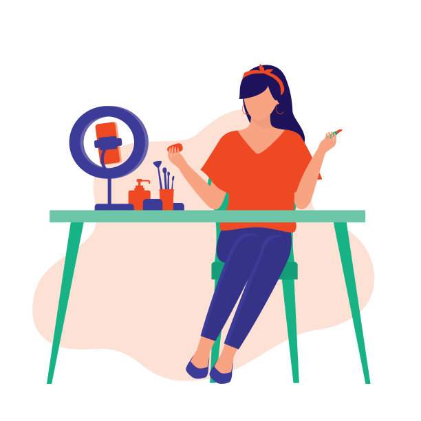 化妆师在直播上教化妆。视频博客的概念。矢量平面卡通插图。图片下载