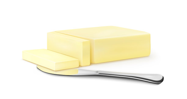 用一把躺着的刀在白色背景上切一片黄油。矢量图图片下载
