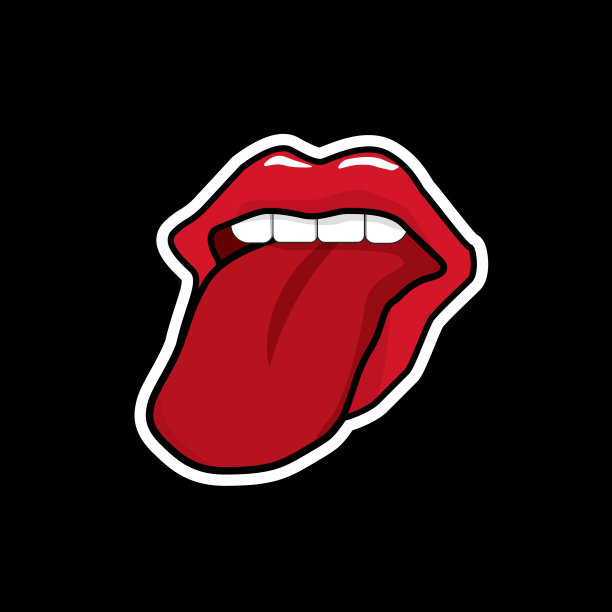 矢量插图的卡通嘴唇与舌头。载体贴纸隔离在黑色上图片下载