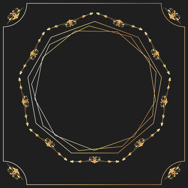 黄金框架。在黑暗的背景上设计和照片的方形框架。镜框上有闪闪发光的星星。图片下载