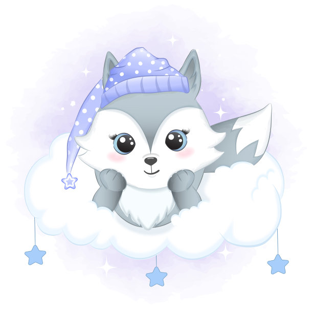 可爱的小狐狸睡在云端手绘卡通动物水彩画插图图片下载