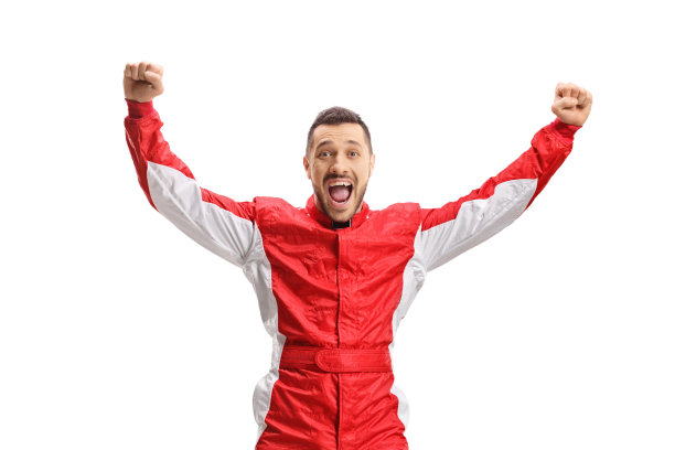 赛车手跳跃，手势幸福图片下载