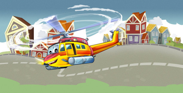 卡通场景与直升机飞行在城市-插图图片下载
