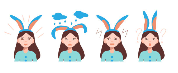 可爱的小棕发兔子耳朵。少女的情感。一个女孩的一系列情感。喜悦，悲伤，愤怒，惊讶。矢量插图在卡通平面风格。复活节的字符。图片下载