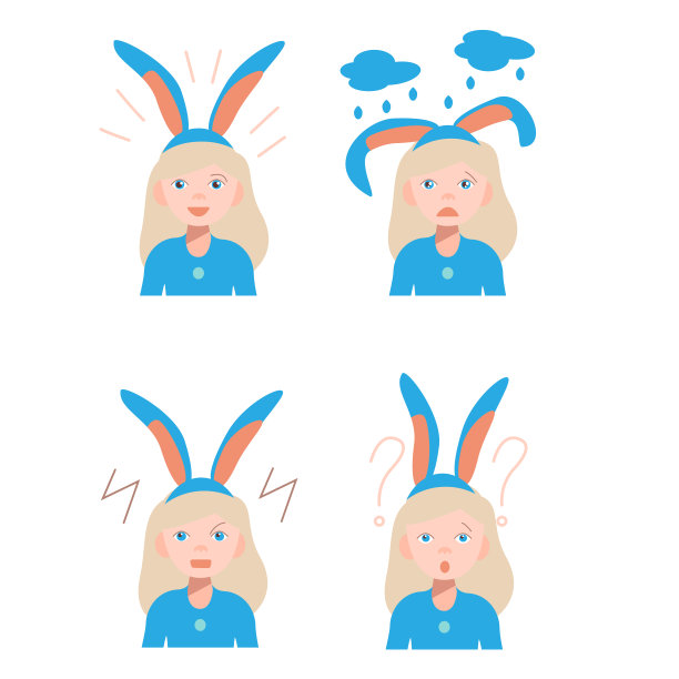 可爱的金发小兔子耳朵。少女的情感。一个女孩的一系列情感。喜悦，悲伤，愤怒，惊讶。矢量插图卡通平面风格。复活节的字符。图片下载