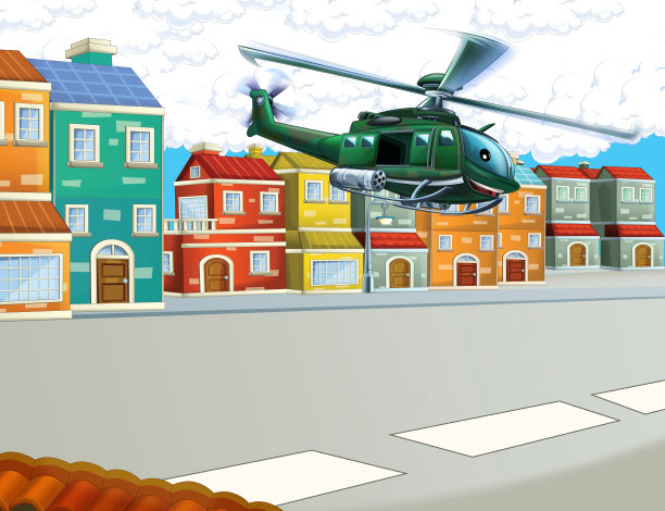 卡通场景与直升机飞行在城市-插图图片下载