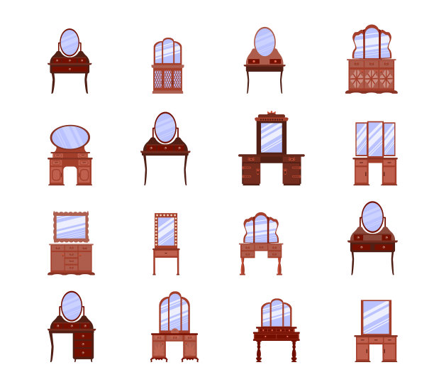 一套可爱的复古梳妆台。收藏古董卧室家具。方便存放化妆品和珠宝。平面风格的矢量图标被孤立在白色背景上。图片下载