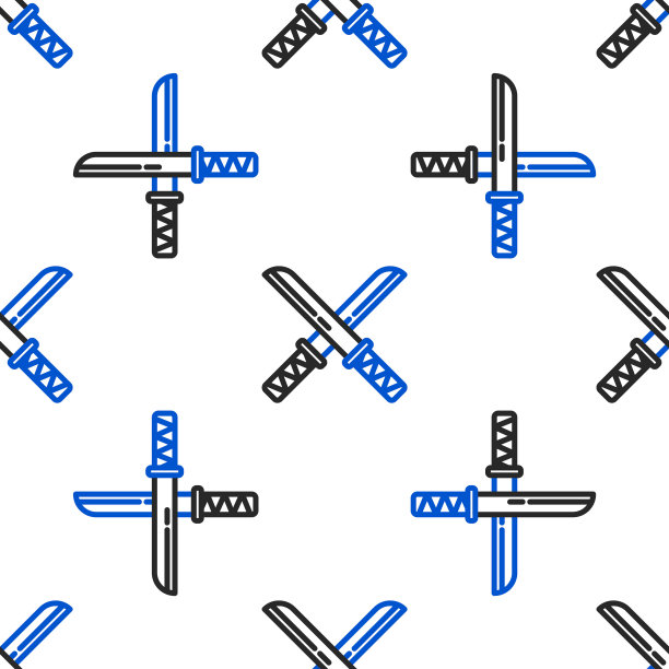 线传统的日本武士刀图标孤立无缝模式上的白色背景。日本刀。色彩斑斓的轮廓的概念。向量图片下载