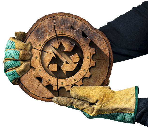 戴着手套的手显示由木材制成的循环利用标志-可持续资源的概念图片下载