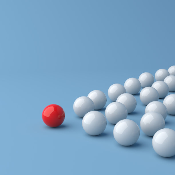 领导概念，红色领导球领导白色球，在蓝色背景与空白拷贝空间图片下载