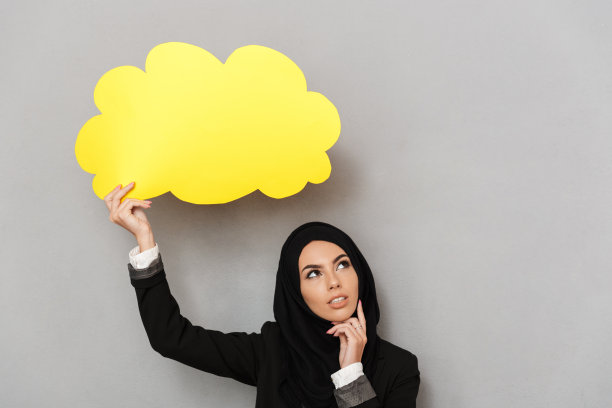 戴着黑色头巾的阿拉伯年轻女子举着黄色空白泡泡图片下载