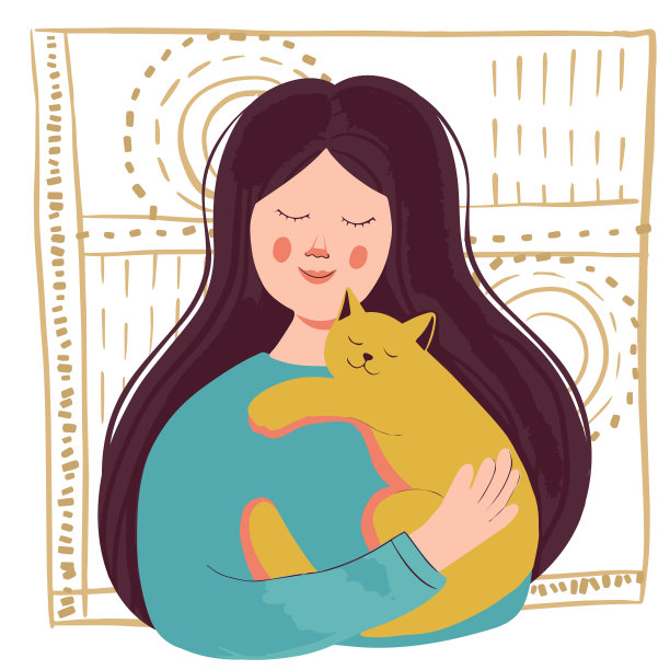 可爱的女孩怀里抱着一只猫。一个快乐的主人和他心爱的宠物的肖像。对动物的善良和爱。平面向量。图片下载