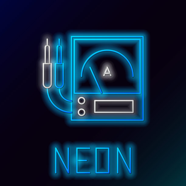 霓虹灯线安培表，万用表，电压表图标隔离在黑色背景。电流测量仪器。色彩斑斓的轮廓的概念。向量图片下载