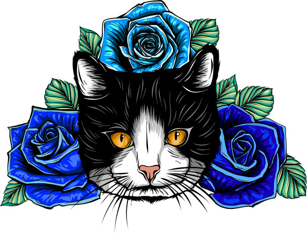 手绘肖像猫与花卉头花环图片下载