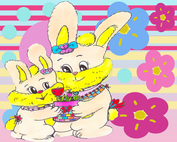 明亮的母亲节母亲和孩子兔子与郁金香花和忘记我不是花背景2021图片下载