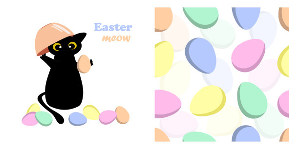 复活节猫叫。明信片上有一只可爱的黑色小猫和彩色复活节彩蛋。愉快的图案与无缝图案印刷在装饰枕头，杯子，厨房纺织品。图片下载