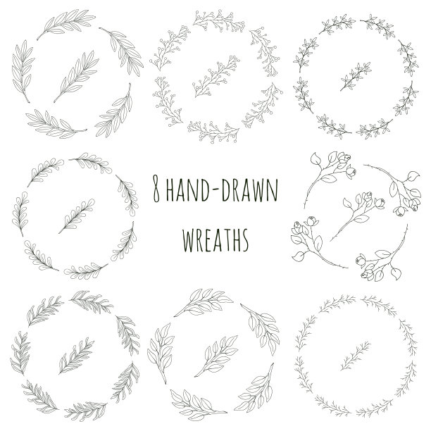 一套8个圆形花环的手绘树枝和树叶在涂鸦风格。植物，植物元素创造的图案刷子。孤立在白色的。黑白矢量插图。图片下载