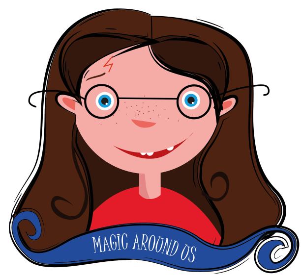 那个戴着圆眼镜的女孩额头上有一道伤疤，上面写着"魔法围绕着我们"图片下载