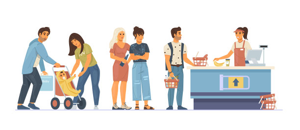 一群人在超市排队。食品店的一对老人和年幼的孩子们在收银台前排队。收银员在收银台打卡收货，客服卡通矢量图片下载