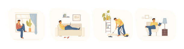 待在家里隔离年轻人坐在家里，用智能手机和窗边的朋友交流，用笔记本电脑上网工作，看书，打扫客厅。自我隔离的概念图片下载