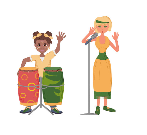 非裔美国妇女在架子鼓。一个欧洲女孩唱了一首歌。图片下载