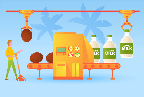 工厂用传送带将椰奶装瓶图片下载