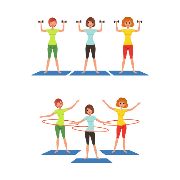 年轻女性呼啦圈和举起哑铃在垫子向量集图片下载