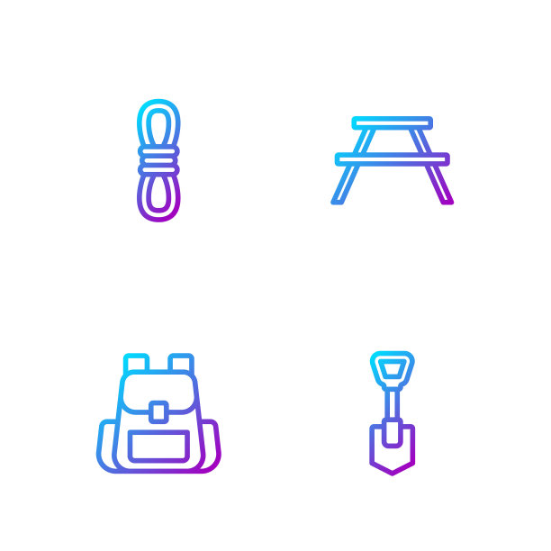 设置线铲，徒步背包，攀岩绳和野餐桌长椅。渐变颜色图标。向量图片下载