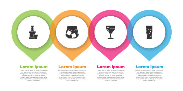 设置威士忌酒瓶和玻璃杯，玻璃杯威士忌，葡萄酒和啤酒。业务信息模板。向量图片下载