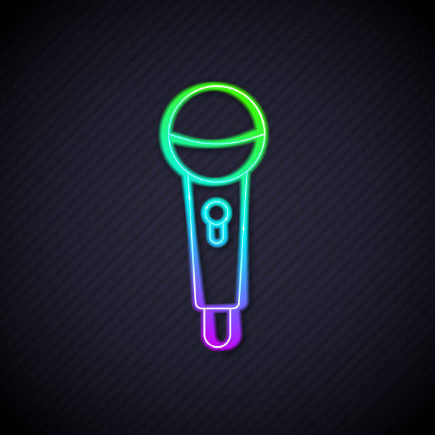 霓虹灯线麦克风图标孤立在黑色背景。在空中无线电麦克风麦克风。演讲者的迹象。向量图片下载